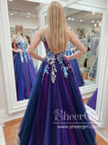 Blue/Purple Ombre Tulle Prom Dress, V Neck Lace Appliqued Pageant Dress,ARD2922-SheerGirl