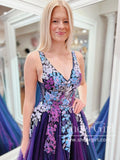 Blue/Purple Ombre Tulle Prom Dress, V Neck Lace Appliqued Pageant Dress,ARD2922-SheerGirl
