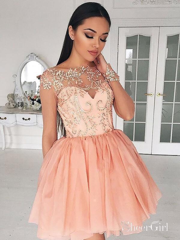 Blush Cap Sleeve Beaded See Through Mini Homecoming Dresses ARD1507-SheerGirl