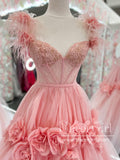 Blush Pink 3D Flowers A Line Prom Dresses Sweetheart Neck Long Formal Dress with Feather ARD2909-SheerGirl