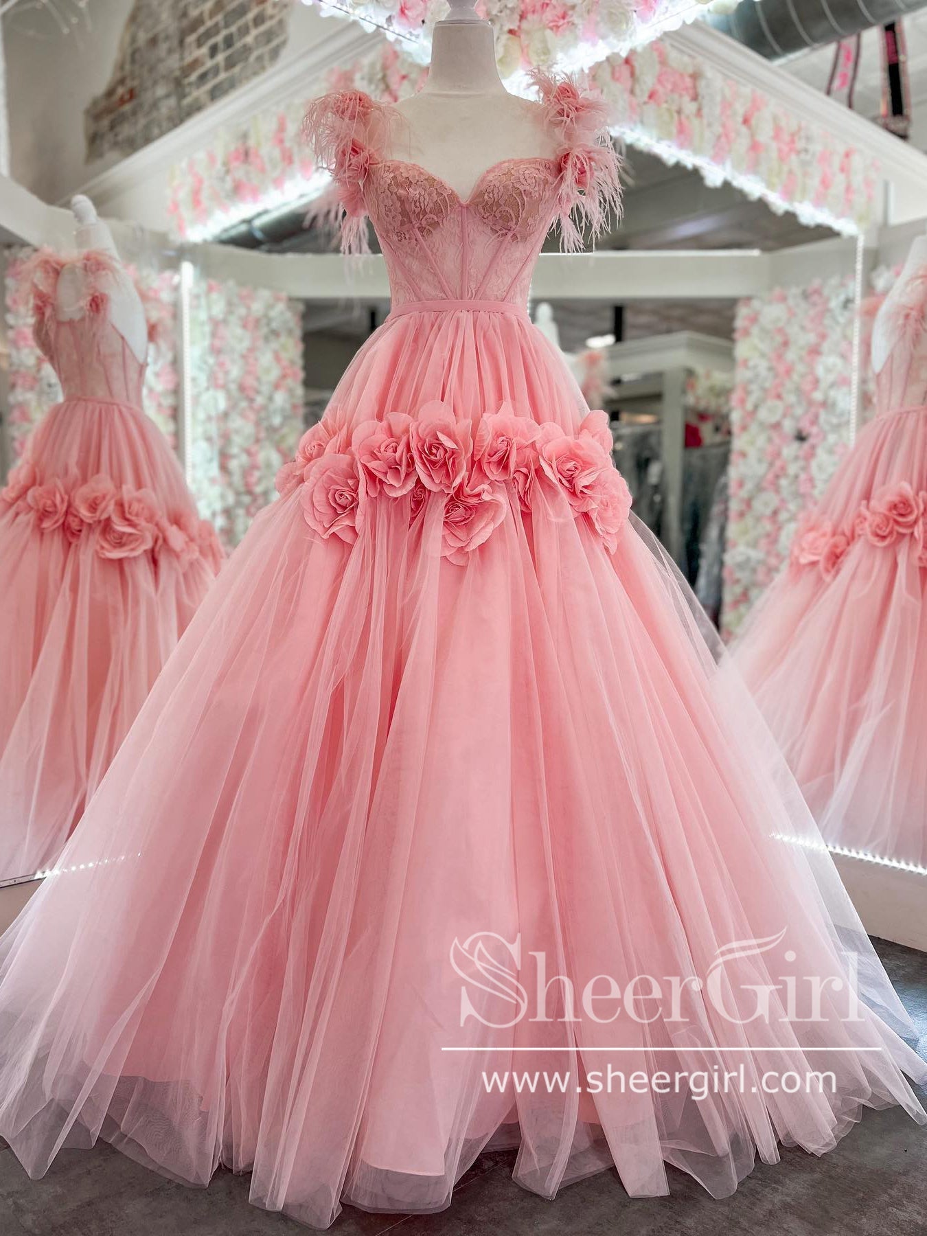 Blush Pink 3D Flowers A Line Prom Dresses Sweetheart Neck Long Formal Dress with Feather ARD2909 Blush Pink 3D Flowers A Line Prom Dresses Sweetheart Neck Long Formal Dress with Feather ARD2909