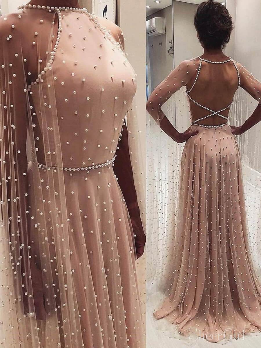 Blush Pink Cape Sleeve Long Prom Dresses with Pearls ARD1978 Blush Pink Cape Sleeve Long Prom Dresses with Pearls ARD1978
