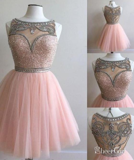 Blush Pink Homecoming Dresses Rhinestone Beaded Tulle Short Prom Dress ARD1503