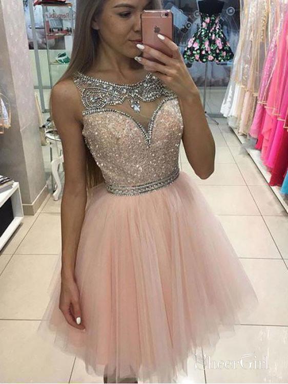 Blush Pink Homecoming Dresses Rhinestone Beaded Tulle Short Prom Dress ARD1503 Blush Pink Homecoming Dresses Rhinestone Beaded Tulle Short Prom Dress ARD1503