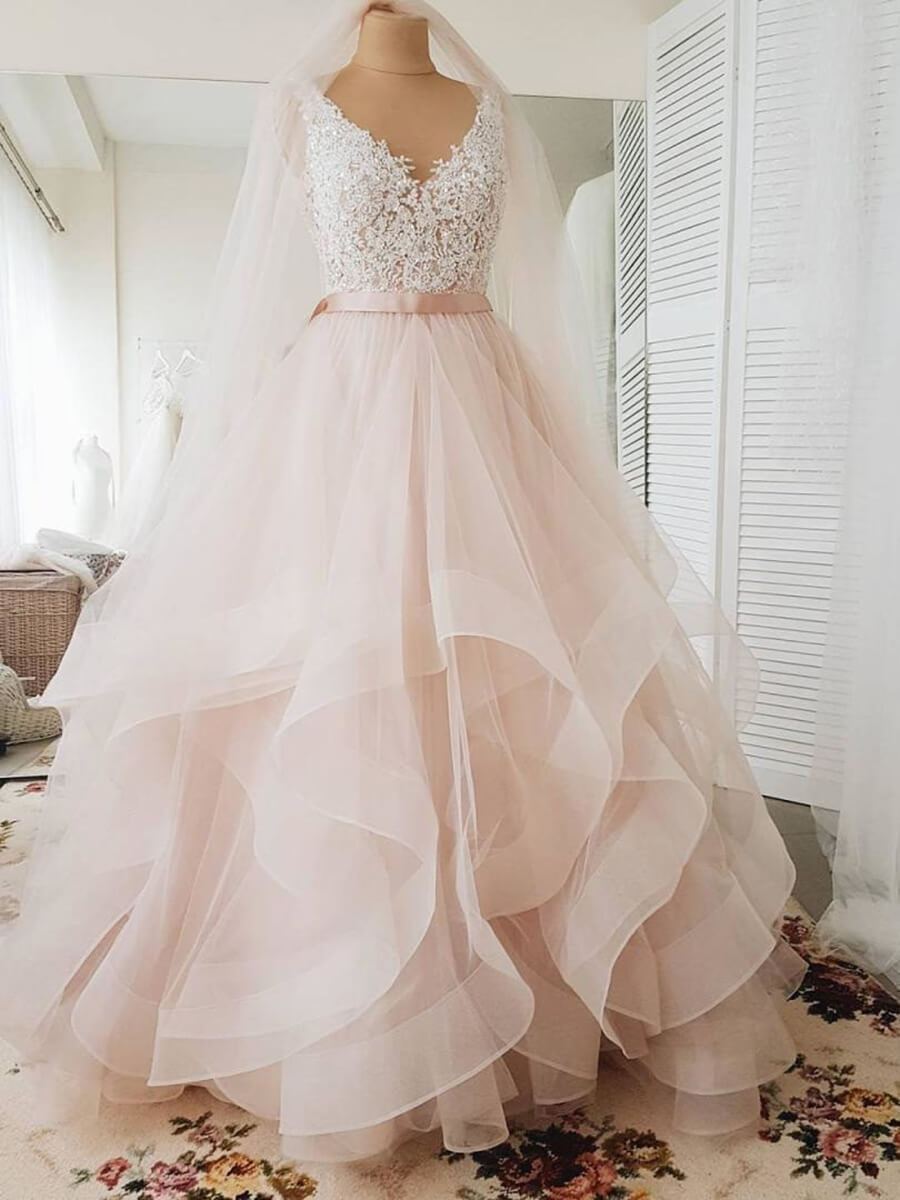 Blush Pink Lace Wedding Dresses Multi-Layered Organza Wedding Gowns AWD1336