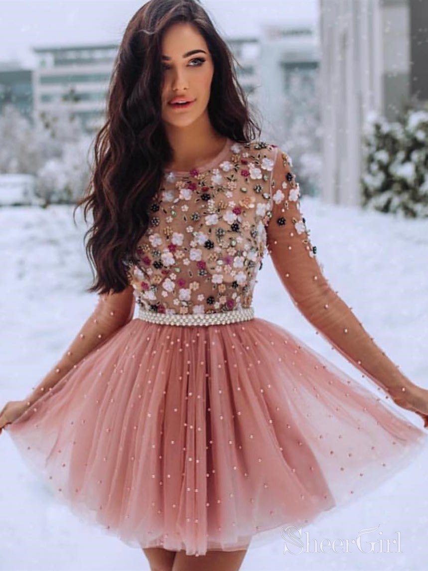 Blush Pink Short Prom Dresses 3D Flowers Beaded Formal Dresses