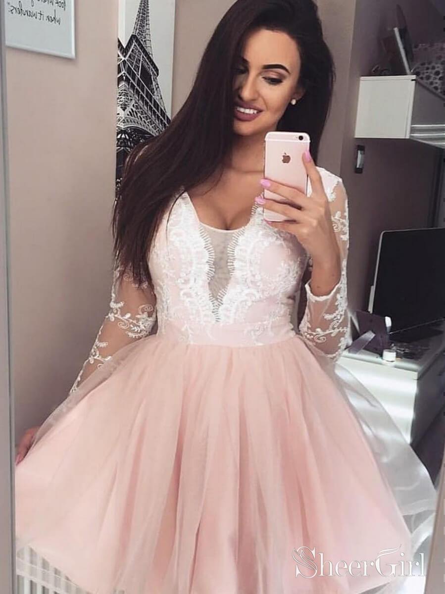 open lace back dress Blush Pink Short Prom Dresses Lace Sheer Long Sleeve Homecoming Dress  ARD1999