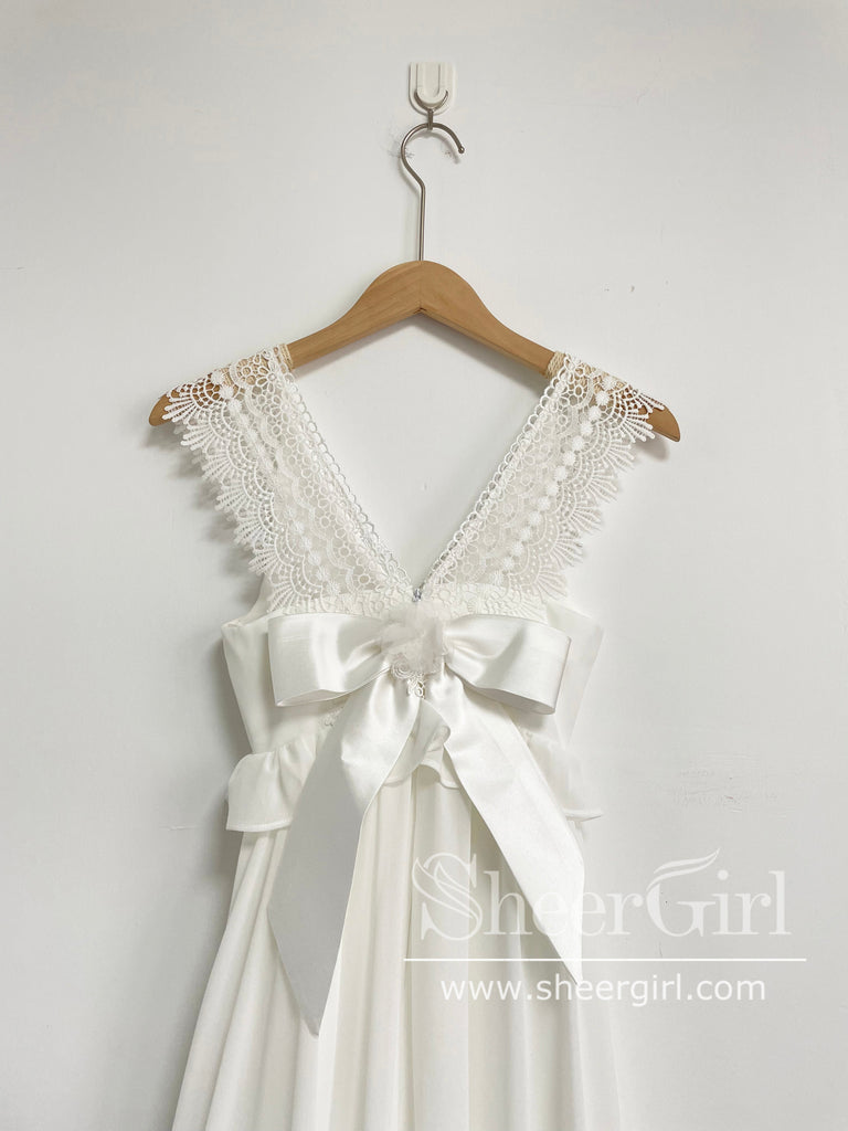 Bohemian Lace Bow Tie White Long Baby Dress Flower Girl Dresses ARD2817-SheerGirl