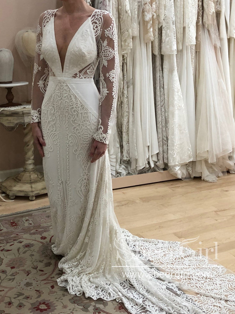 Bohemian Lace Wedding Dress Keyhole Back Long Sleeves Sheath Wedding Gown AWD1883-SheerGirl