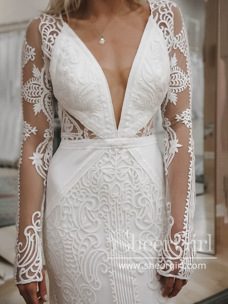 Bohemian Lace Wedding Dress Keyhole Back Long Sleeves Sheath Wedding Gown AWD1883-SheerGirl