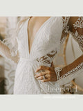 Bohemian Lace Wedding Dress Keyhole Back Long Sleeves Sheath Wedding Gown AWD1883-SheerGirl