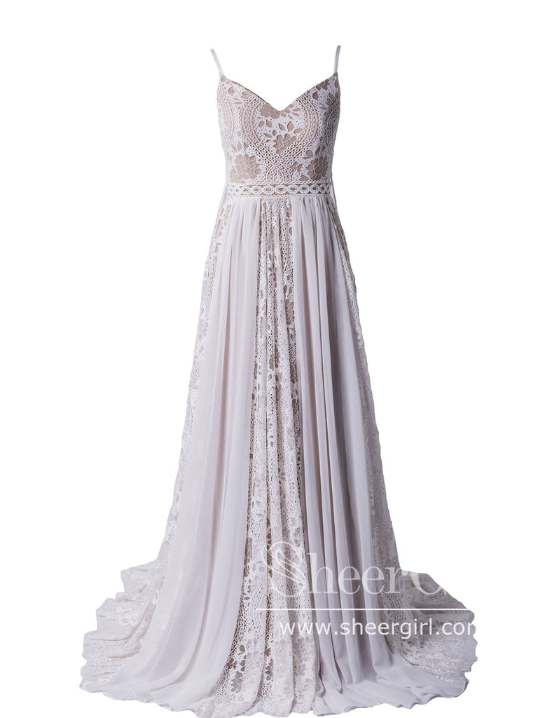 Bridal Gowns with Spaghetti Straps Lace Up Back Bohemian Wedding Dresses AWD1719-SheerGirl