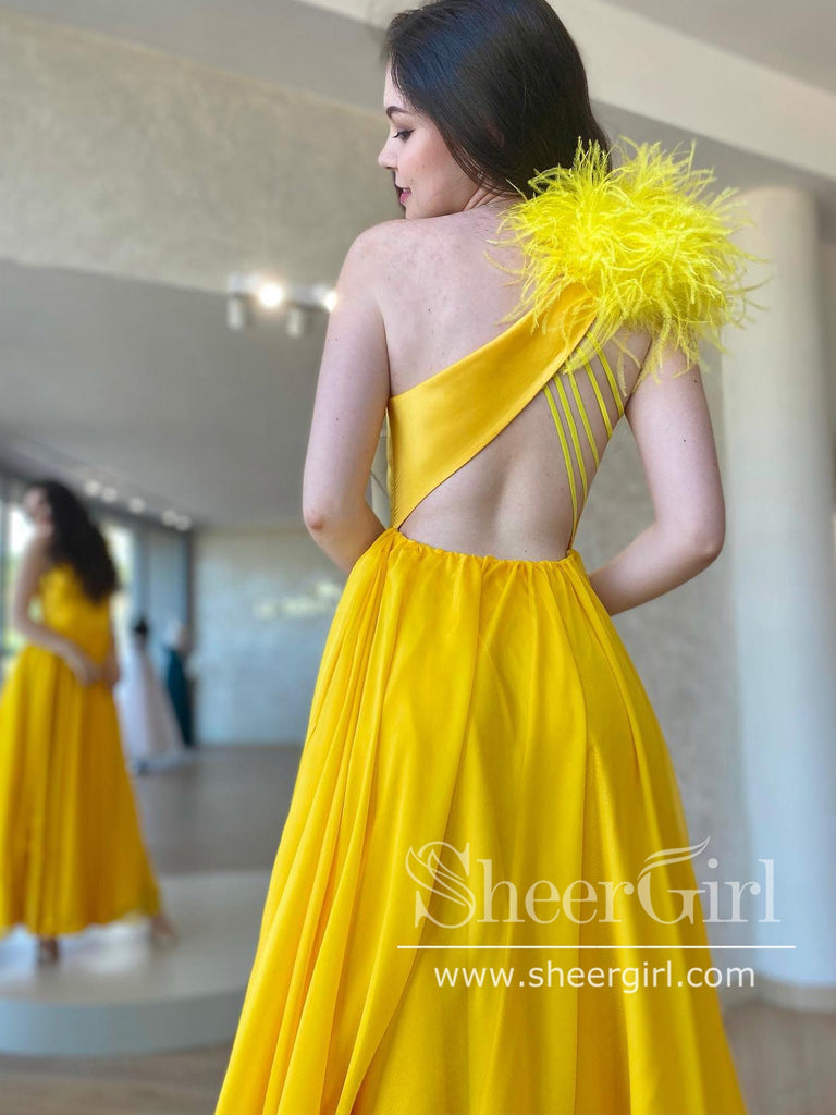 Bright Yellow Single Shoulder A Line Satin Prom Dress with High Slit and Feather Decoration ARD2875-SheerGirl