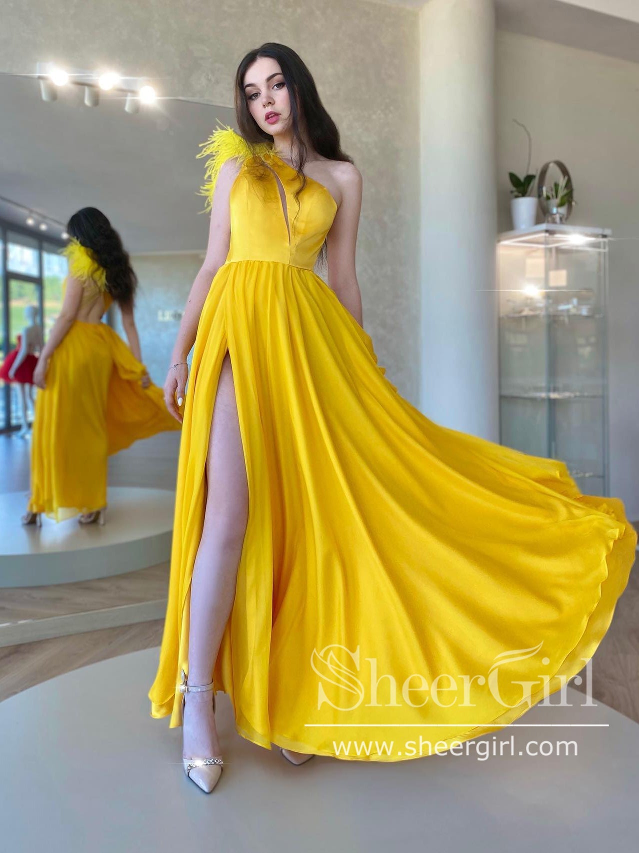 Bright Yellow Single Shoulder A Line Satin Prom Dress with High Slit and Feather Decoration ARD2875 Bright Yellow Single Shoulder A Line Satin Prom Dress with High Slit and Feather Decoration ARD2875