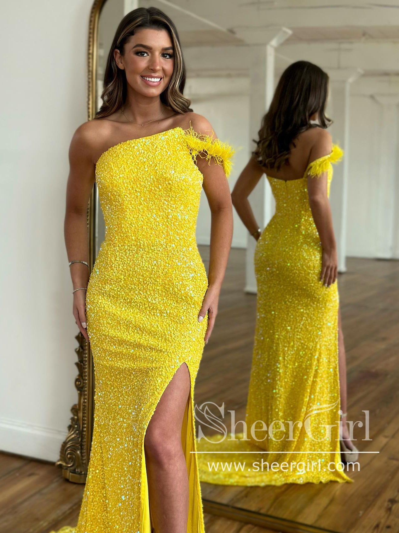 Bright Yellow Single Shoulder Sparkly Prom Dresses with Slit Sheath Formal Dress Party Dress ARD2903 Bright Yellow Single Shoulder Sparkly Prom Dresses with Slit Sheath Formal Dress Party Dress ARD2903