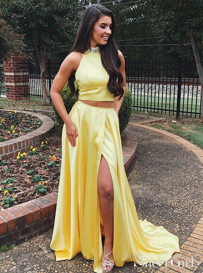 Bright Yellow Two Pieces Halter Neck Prom Dresses Beadings High Slit Party Dresses ARD2452 Bright Yellow Two Pieces Halter Neck Prom Dresses Beadings High Slit Party Dresses ARD2452