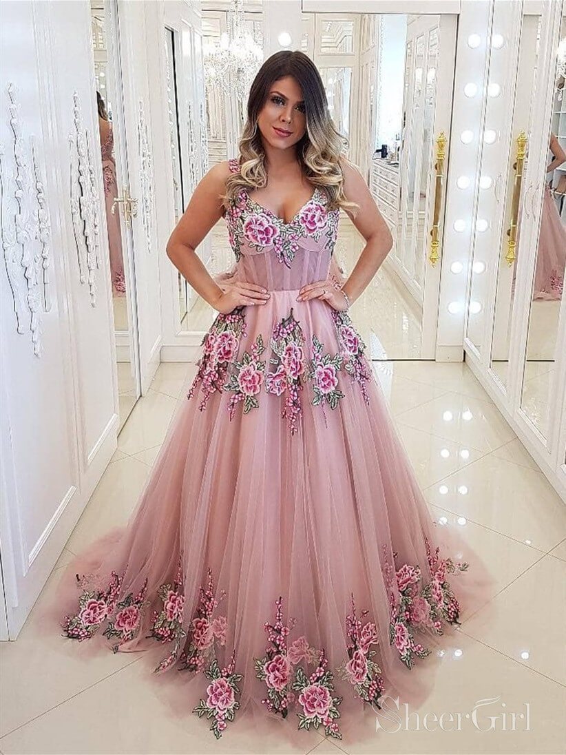 Broad Strap Floral Appliqued Long Prom Dresses Cheap Vintage Prom Dres –  SheerGirl