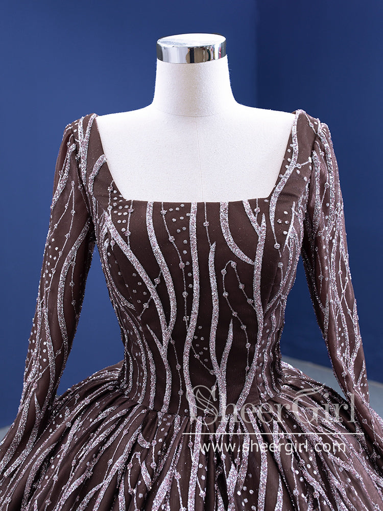 Brown Sequins Ball Gown Prom Dresses Sparkly Quinceanera Dresses Long Sleeves Square Neckline ARD2854-SheerGirl