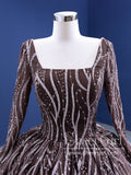 Brown Sequins Ball Gown Prom Dresses Sparkly Quinceanera Dresses Long Sleeves Square Neckline ARD2854-SheerGirl