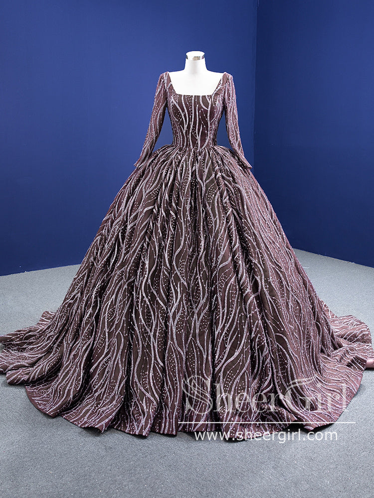 Brown Sequins Ball Gown Prom Dresses Sparkly Quinceanera Dresses Long Sleeves Square Neckline ARD2854 Brown Sequins Ball Gown Prom Dresses Sparkly Quinceanera Dresses Long Sleeves Square Neckline ARD2854