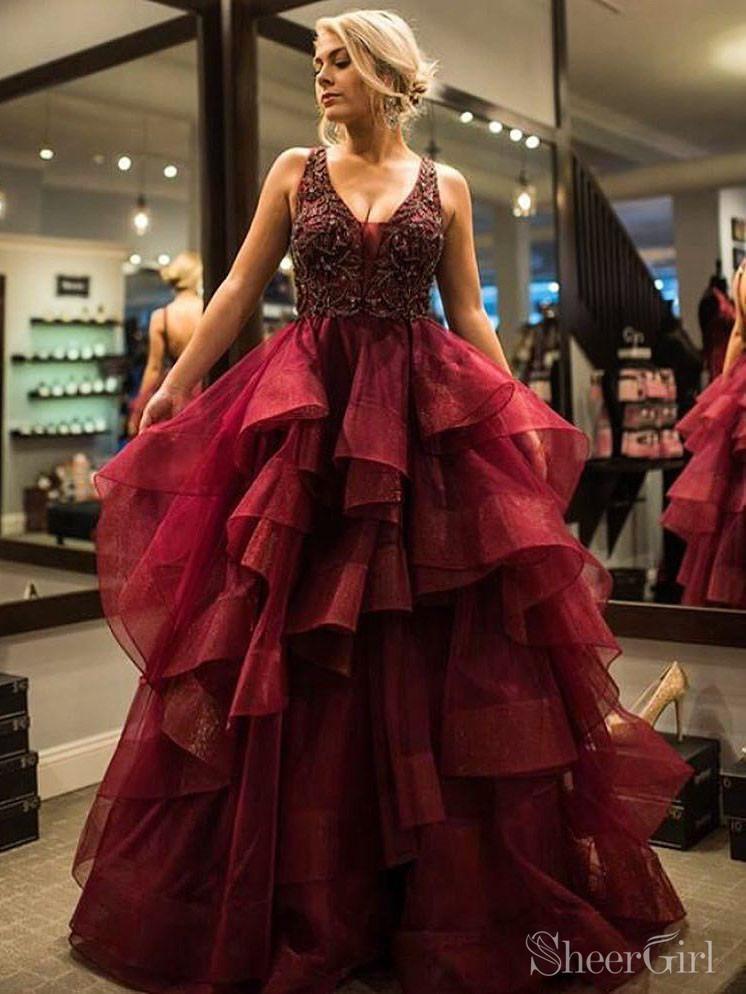 Burgundy Beaded Ball Gown Prom Dresses Ruffle Skirt Quinceanera