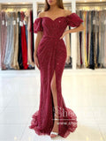 Burgundy Off The Shoulder Long Formal Dresses MermaidProm Dresses With Slit ARD2865-SheerGirl