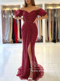 Burgundy Off The Shoulder Long Formal Dresses MermaidProm Dresses With Slit ARD2865-SheerGirl