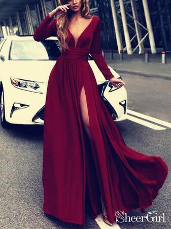 Burgundy Prom Dresses with Slit V Neck Cheap Long Sleeve Prom Dresses  AWD1095