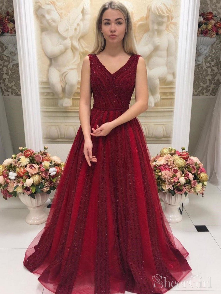 Burgundy Sleeveless Beaded Prom Dresses Sweep Train Dresses ARD2186