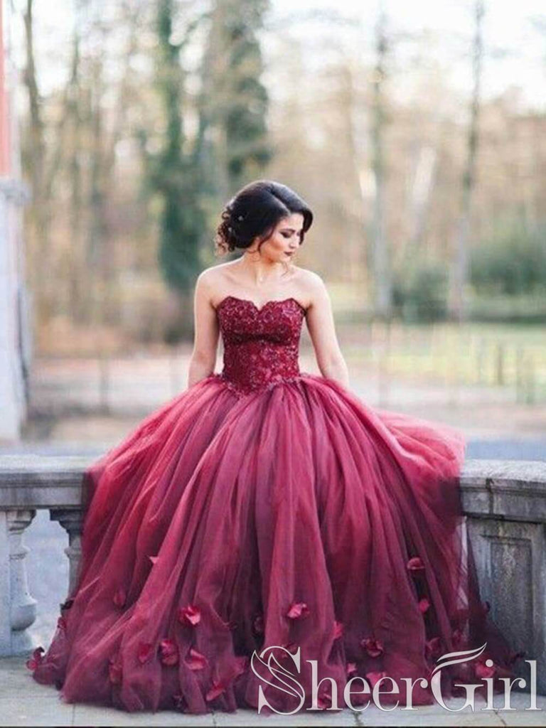 Burgundy Strapless Long Wedding Dresses Lace Applique Bridal Dress AWD1615-SheerGirl