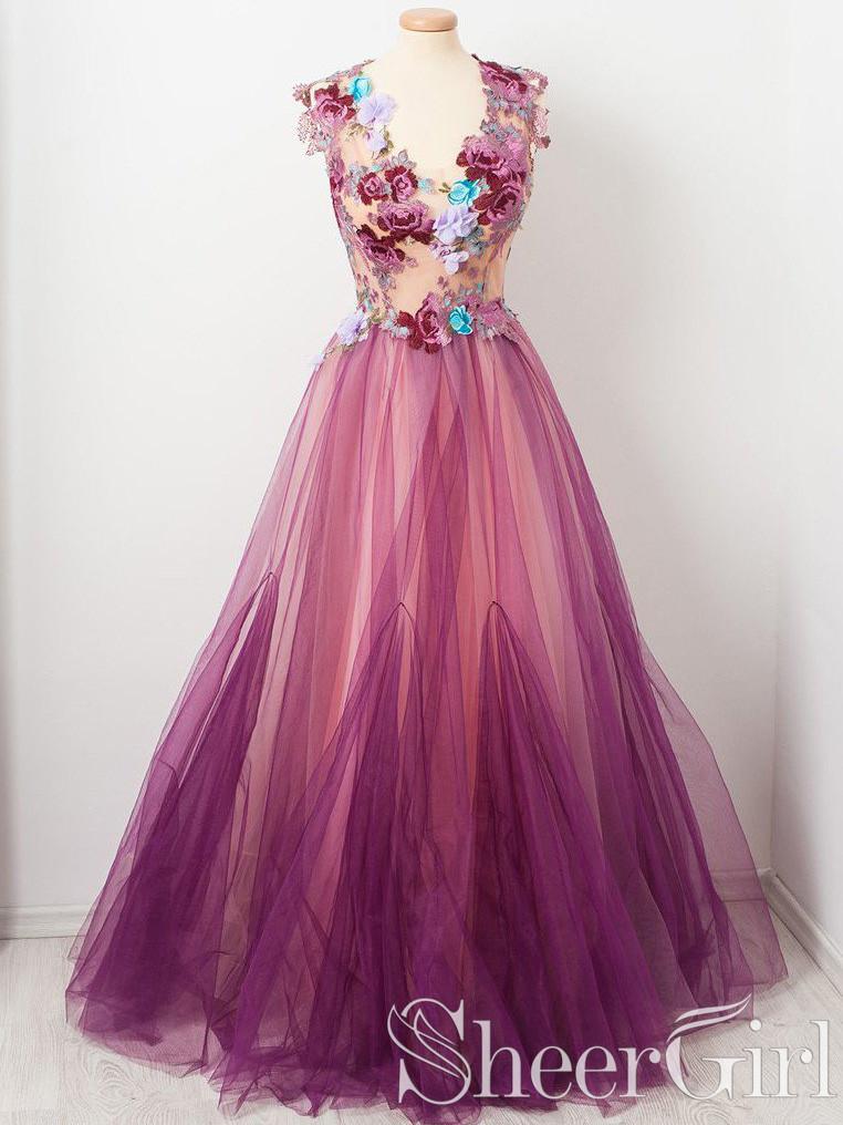 Burgundy Tulle Vivid Flower Decoration Prom Dresses A line Scoop neck SheerGirl Burgundy Tulle Vivid Flower Decoration Prom Dresses A line Scoop neck SheerGirl