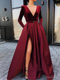 Burgundy V-neck Prom Dresses Formal Dresses With Slit ARD2326-SheerGirl