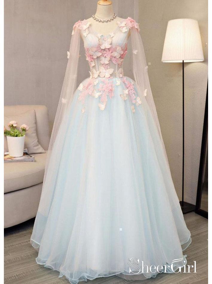 Butterfly Appliqued Long Blue Princess Ball Gowns Cap Sleeve A Line V Neck Prom Dresses ARD1055 Butterfly Appliqued Long Blue Princess Ball Gowns Cap Sleeve A Line V Neck Prom Dresses ARD1055