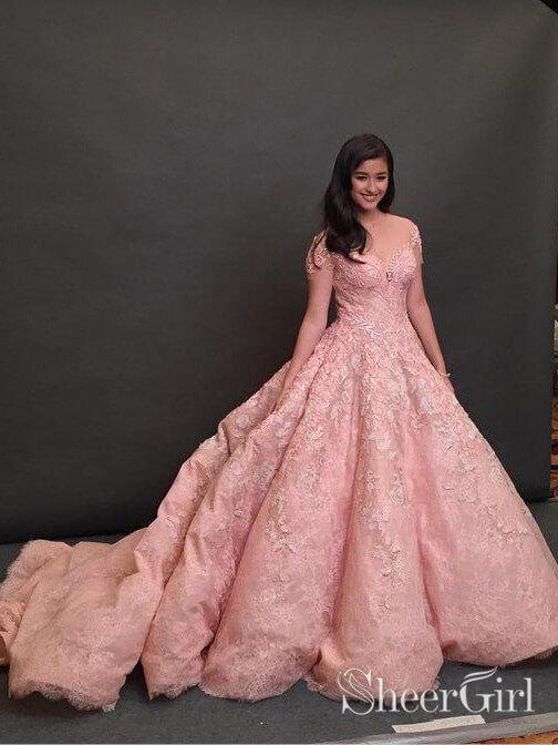 Cap Sleeve Pink Lace Ball Gown Prom Dresses Pincess Quinceanera Dress ARD1973-SheerGirl