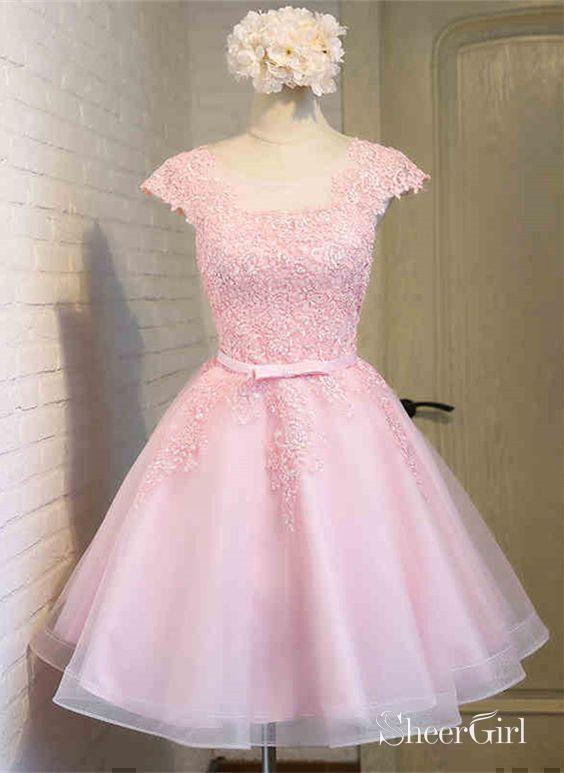 Cap Sleeves Pink Homecoming Dresses Lace Organza Cheap Cute Homecoming Dresses SheerGirl Cap Sleeves Pink Homecoming Dresses Lace Organza Cheap Cute Homecoming Dresses SheerGirl