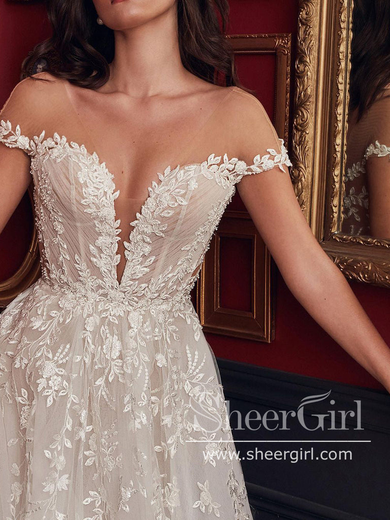 Cap Sleeves Sweetheart Neck Ball Gown Vintage Lace Wedding Dress AWD1865-SheerGirl