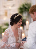 Cathedral Train Long Sleeves Lace A Line Wedding Dress with Deep V Neck AWD1822-SheerGirl