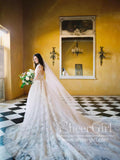 Cathedral Train Long Sleeves Lace A Line Wedding Dress with Deep V Neck AWD1822-SheerGirl