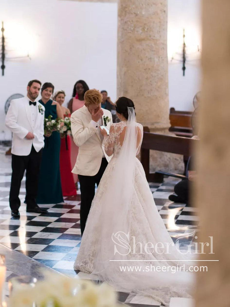 Cathedral Train Long Sleeves Lace A Line Wedding Dress with Deep V Neck AWD1822-SheerGirl