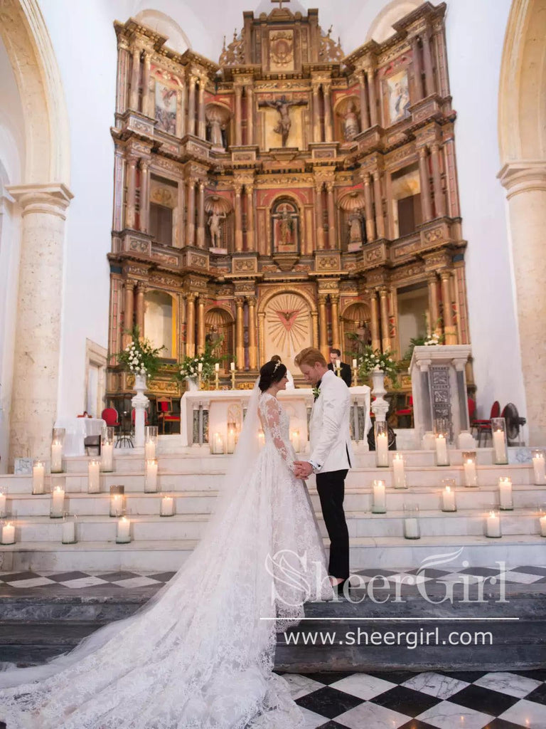 Cathedral Train Long Sleeves Lace A Line Wedding Dress with Deep V Neck AWD1822-SheerGirl