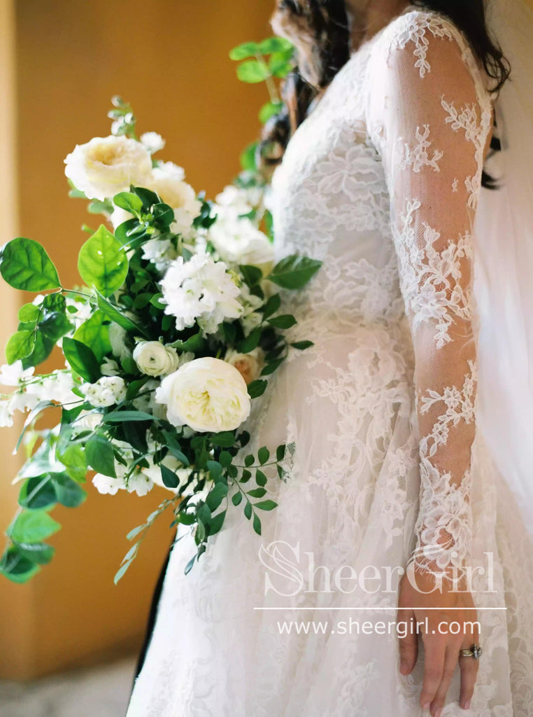 Cathedral Train Long Sleeves Lace A Line Wedding Dress with Deep V Neck AWD1822-SheerGirl