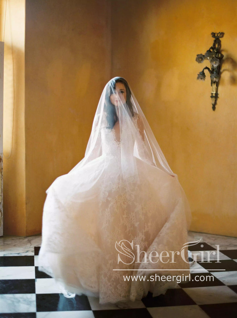 Cathedral Train Long Sleeves Lace A Line Wedding Dress with Deep V Neck AWD1822-SheerGirl