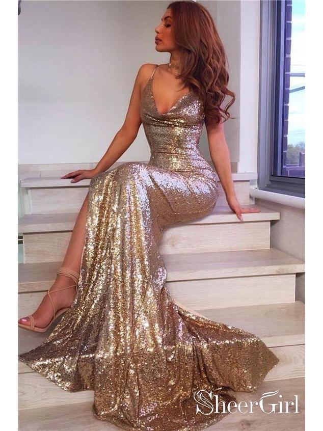 Champagne Gold Mermaid Prom Dresses Side Slit Backless Formal Dresses APD3467 Champagne Gold Mermaid Prom Dresses Side Slit Backless Formal Dresses APD3467