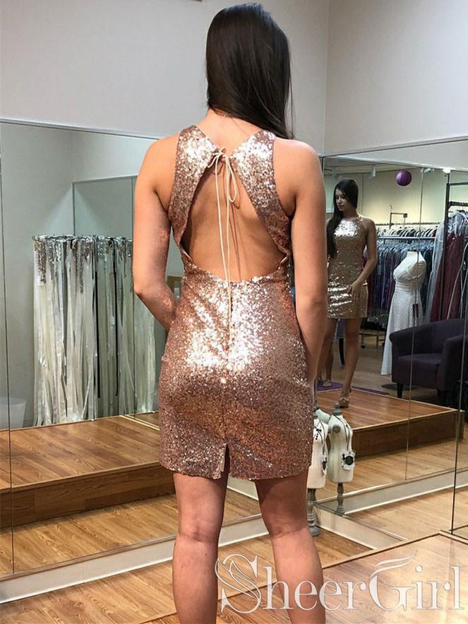 Champagne Gold Sheath Homecoming Dresses Backless Sequin Short Prom Dress ARD2445-SheerGirl