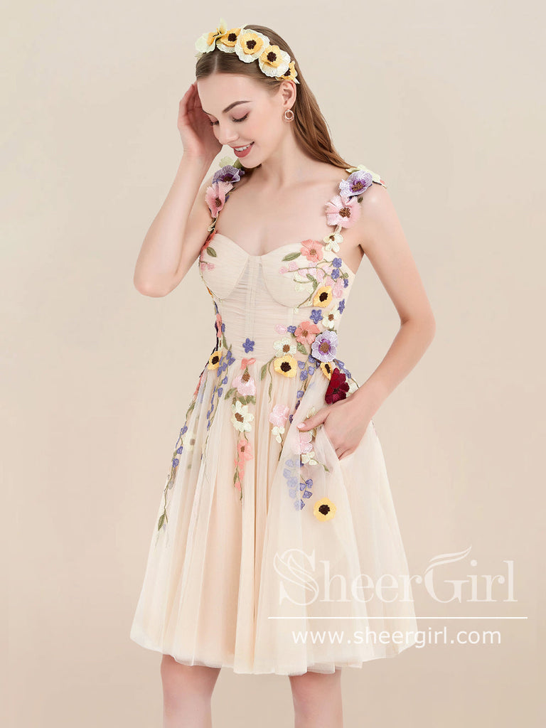 Champagne Short Tulle Prom Dress 3D Colorful Floral Fairy Homecoming Dress ARD2845-SheerGirl