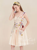 Champagne Short Tulle Prom Dress 3D Colorful Floral Fairy Homecoming Dress ARD2845-SheerGirl