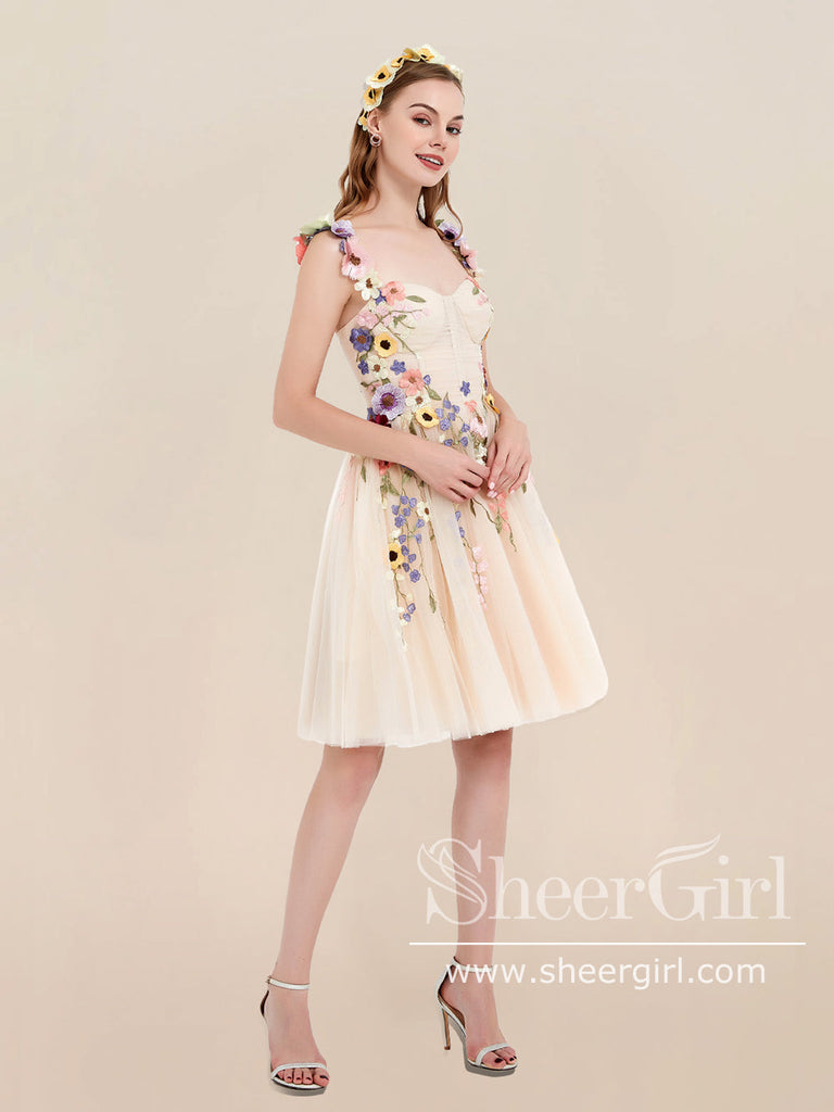 Champagne Short Tulle Prom Dress 3D Colorful Floral Fairy Homecoming Dress ARD2845-SheerGirl
