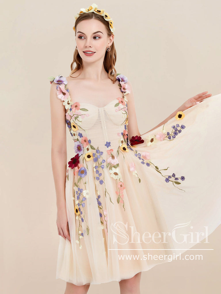 Champagne Short Tulle Prom Dress 3D Colorful Floral Fairy Homecoming Dress ARD2845-SheerGirl