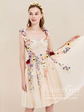 Champagne Short Tulle Prom Dress 3D Colorful Floral Fairy Homecoming Dress ARD2845-SheerGirl