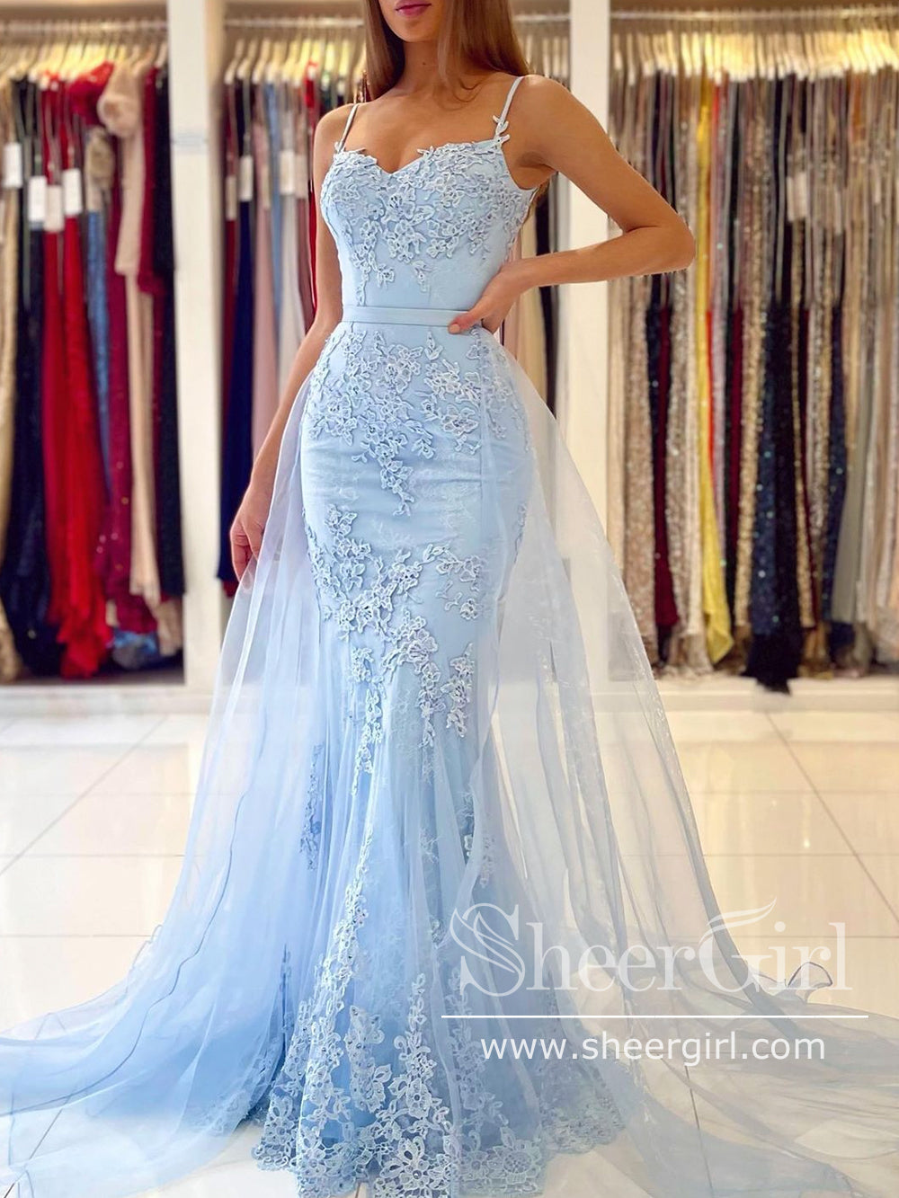Champagne/Sky Blue Pageant Dress Spaghetti Strap Appliqued Lace Mermaid Prom Dresses ARD2857 Champagne/Sky Blue Pageant Dress Spaghetti Strap Appliqued Lace Mermaid Prom Dresses ARD2857